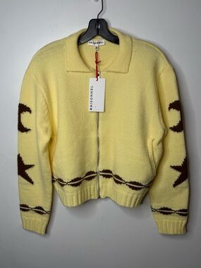 NWT Raisonnel Moon Star Zip Cardigan Yellow Celestial Western Sweater S